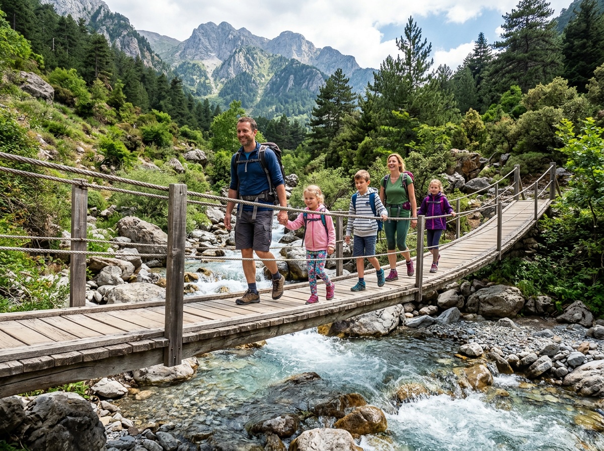 Family photography tour crossing Olympus mountain bridge