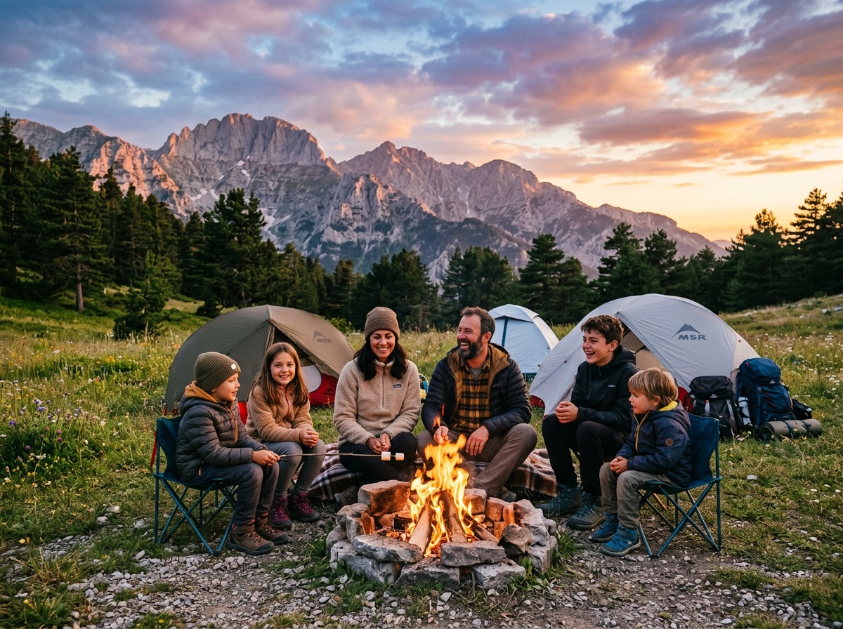 Family camping overnight on Mount Olympus