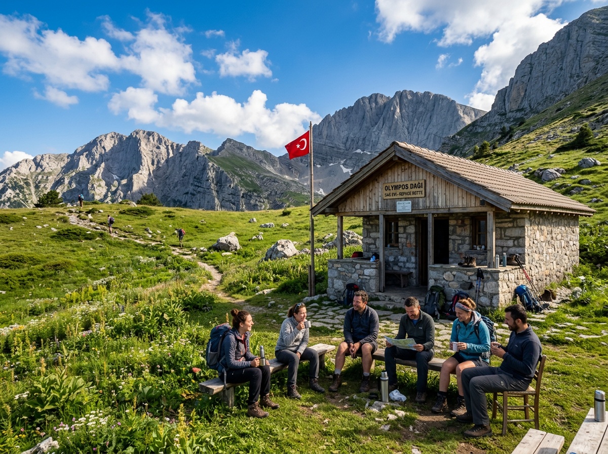 Mountain refuge hut on Olympus Turkey welcoming hikers